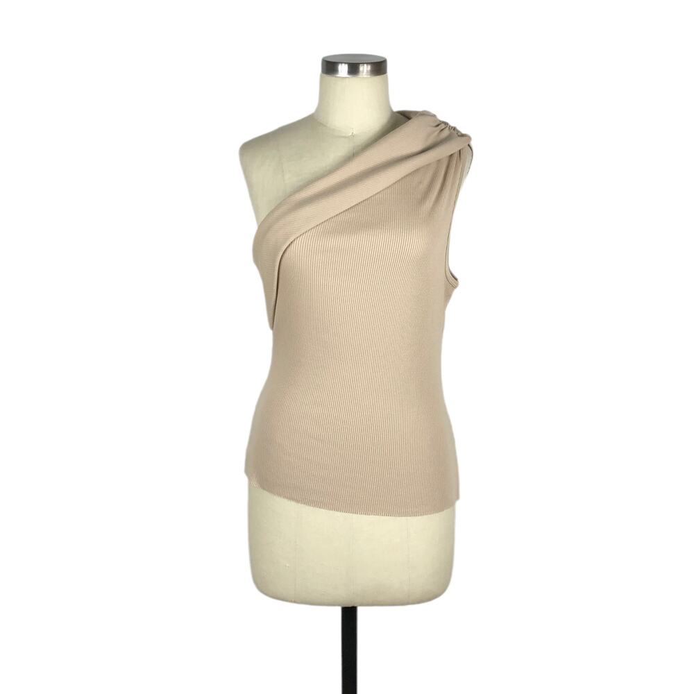 THE RANGE Folded One Shoulder Tank Top L Ribbed Jersey Knit Saddle Tan NWOT